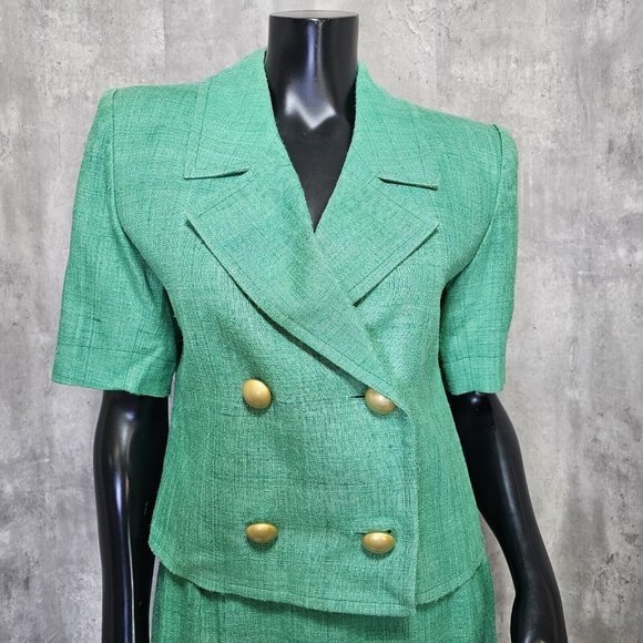 Vintage 80s Yves Saint Laurent Green Skirt Power Suit Career Casual Gold Buttons - Picture 5 of 16